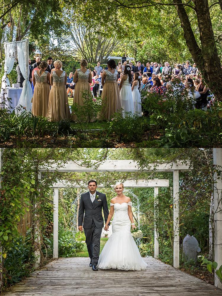 Bramble Grove wedding venue photo collage of bride and groom walking and wide angle shot of the wedding ceremony