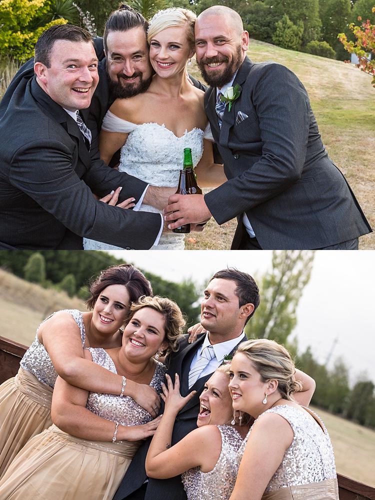 Two photo collage of bride with the groomsmen and the groom with bridesmaids at Flaxton Manor, Rangiora