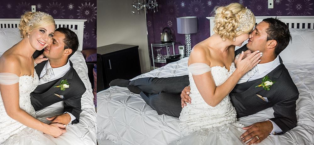 Bride and Groom on a bed in the bridal suite at Flaxton Manor B&B photo by Wedding Photographers Christchurch Pip and Oz