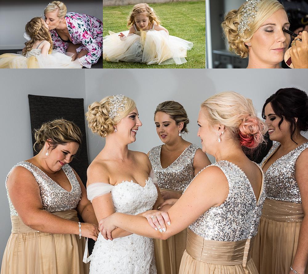 Photo collage to the bride and bridesmaids getting ready at bride's home in Christchurch