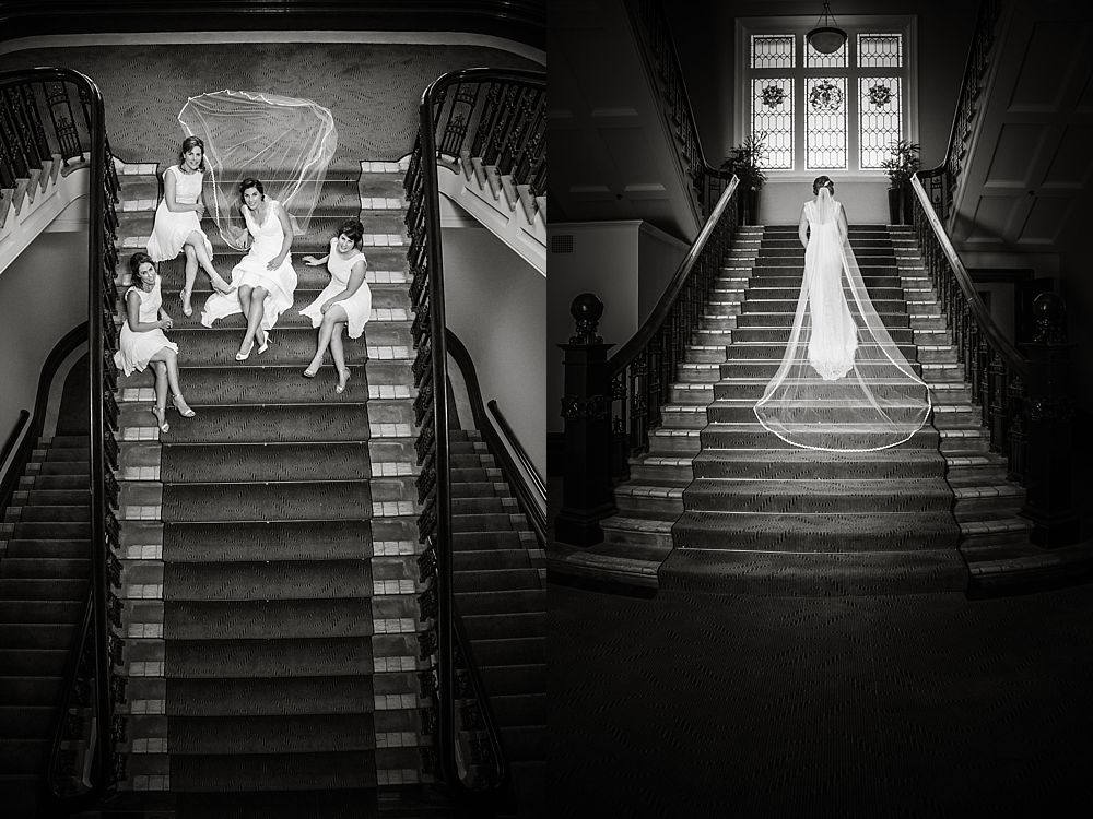 Bride and bridesmaids on the steps of The Christchurch Heritage Hotel during a stopover to the wedding ceremony at Cossars Wineshed Wedding Venue