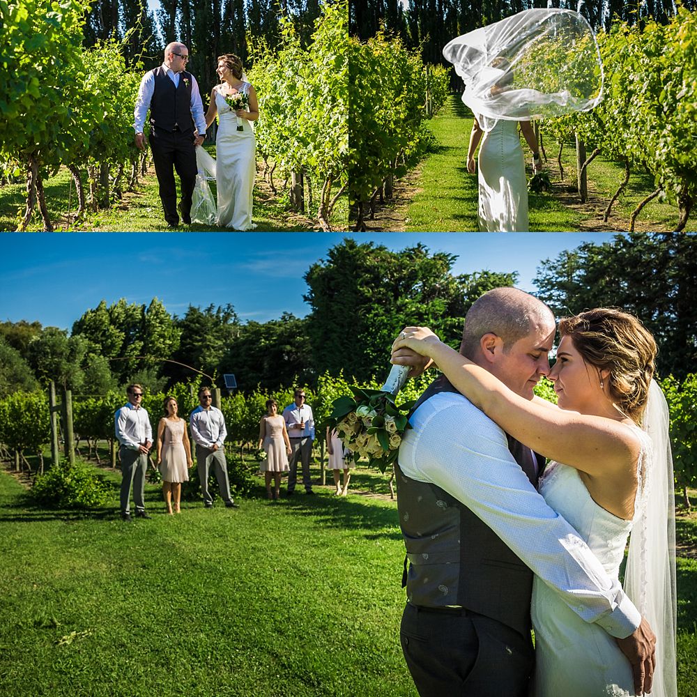 Wedding party posing for photos in the vineyard at Cossars Wineshed Wedding Venue in Christchurch