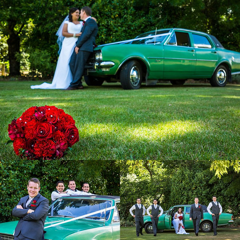 Bridal car photos on the lawn at Flaxmere Garden Wedding Venue in Hawarden