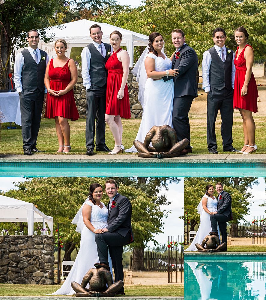 Flaxmere Garden Wedding Venue-Bridal party pose for photos by the pool