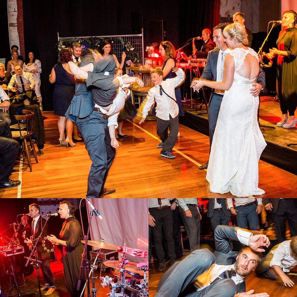 Dancing at Gym Arts Centre Wedding Venue with band Puree rocking stage