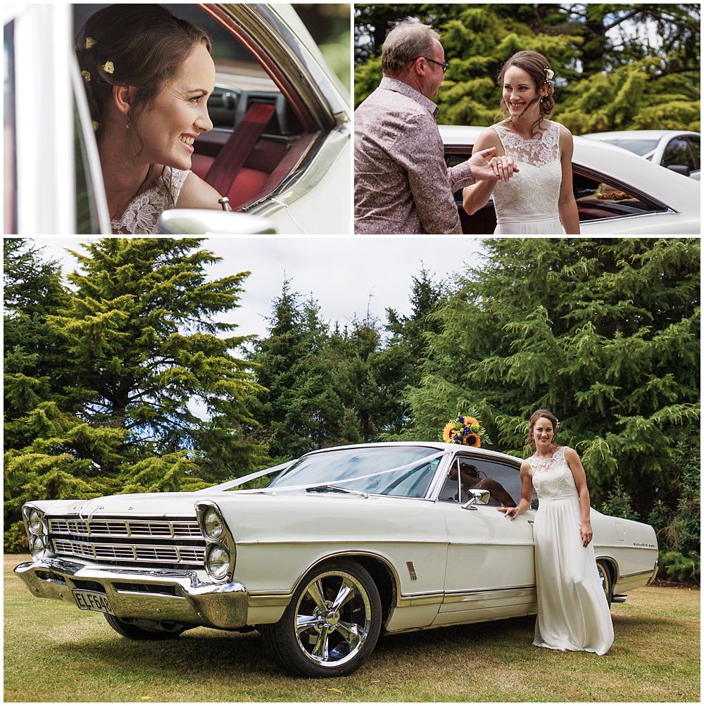 Bride arriving at Hampton Lea Gardens Wedding Venue in a white ford classic car