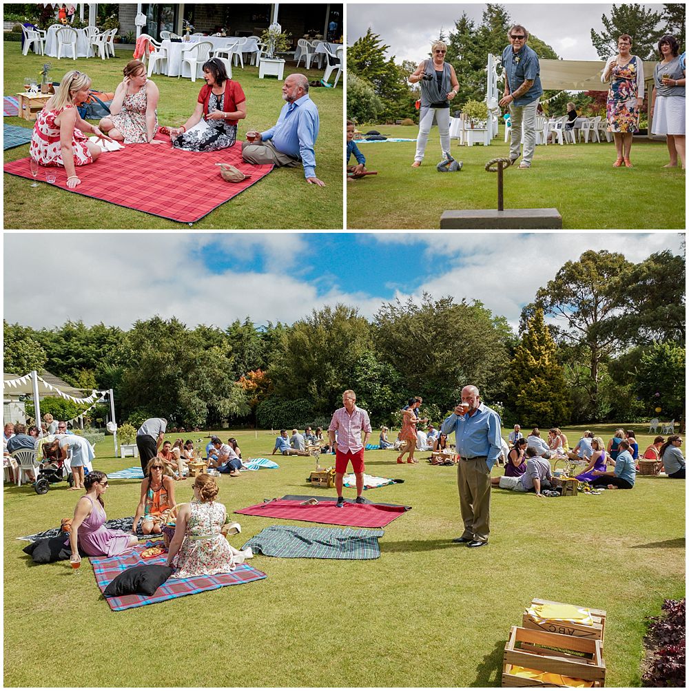 Wedding guests lounging on the lawn during a casual wedding reception at Hampton Lea Gardens Wedding Venue 