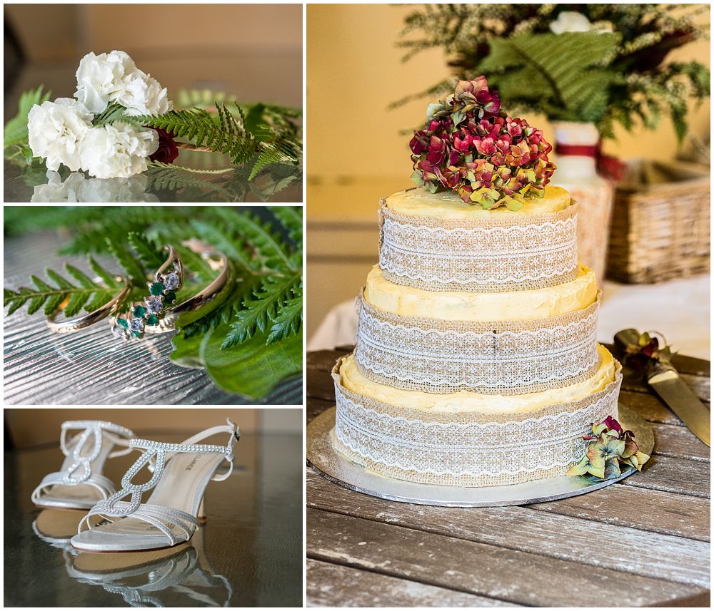 Detail photos of the bouquet, bride's shoes, rings and wedding cake