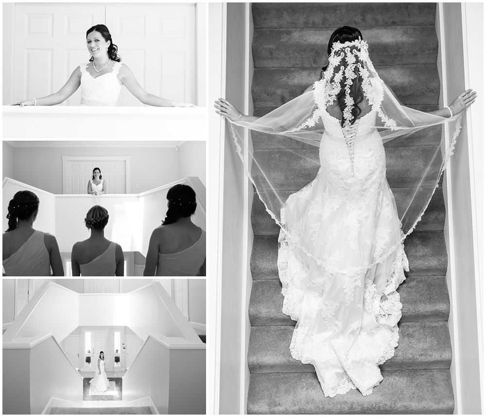 Rosemount Estate Wedding-bride in wedding dress by stairs and front door in Ohoka