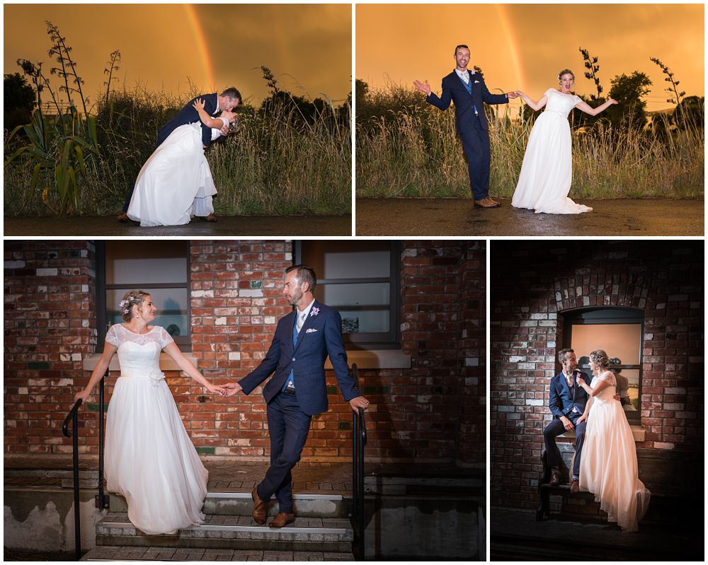 Tannery Wedding-Bride-groom in front of a rainbow